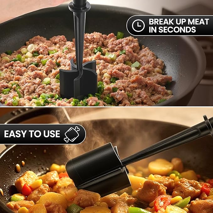 CUNSENR Premium Meat Chopper - 5 Curve Blade Ground Beef Smasher Tool - Heat-Resistant Nylon Meat Masher for Ground Beef, Hamburger, Potatoes - Non-Stick Ground Meat Chopper for Easy Mixing - Black