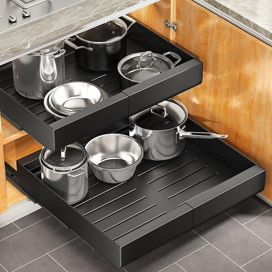 4 Pack Pull out Cabinet Organizer, Expandable(12"-20") Heavy Duty Slide out Drawer Fixed with Adhesive Nano Film for Pots, Roll out Shelf Storage for Kitchen Organization, Pantry, Bathroom(Black)