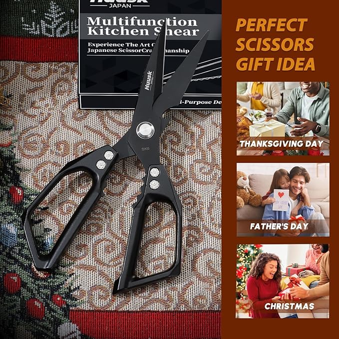 Huusk Kitchen Scissors for Food - Stainless Steel, Sharp Black Meat Scissors, Dishwasher Safe, Heavy Duty Poultry Shears, Japanese Cooking Scissor for Chicken, Turkey, and More