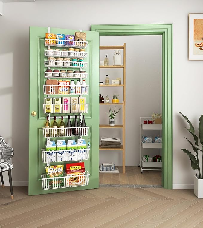 Mefirt White 9-Tier Over The Door Pantry Organizer, Pantry Organization and Storage, Deep Baskets Hanging Heavy-Duty Metal, Wall Spice Rack Seasoning Shelves for Home & Kitchen, Laundry Room Bathroom