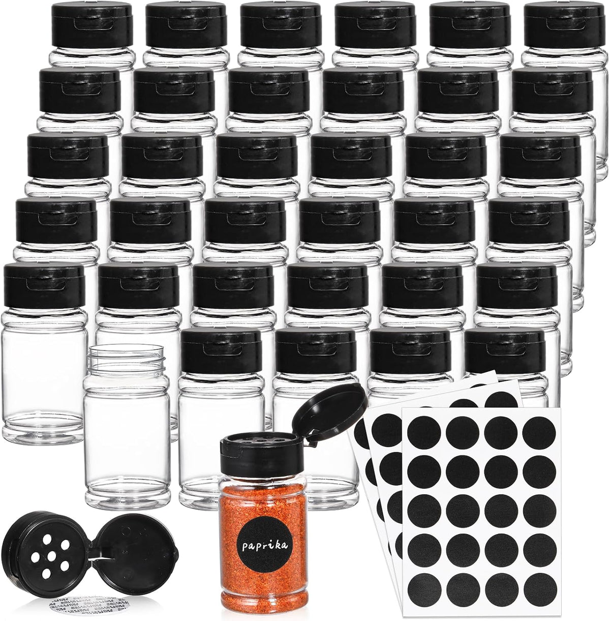 36 Pack 2.7 Oz Small Plastic Spice Bottles with Black Shaker Lids and Labels, Empty Plastic Jars with Lids, Seasoning Shaker Containers for Travel, Camping, Glitter, Gift, Party Favors - Clear