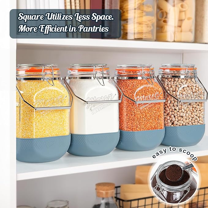 2 Pack Square 1 Gallon Glass Jar with Airtight Lid, Large Mason Jars Wide Mouth 128 Oz with Scale Marks & Handle, Glass Storage Containers with Anti-slip Base for Kitchen, Pantry, Laundry Room, Flour