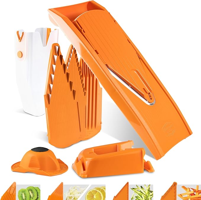 Börner Mandoline Slicer V1 (Professional Set) • V-Slicer with 4 Inserts, Fruit Holder, Docking Station, Box • Adjustable Vegetable Slicer • Cuts into Slices, Strips & Dices • Color: Orange