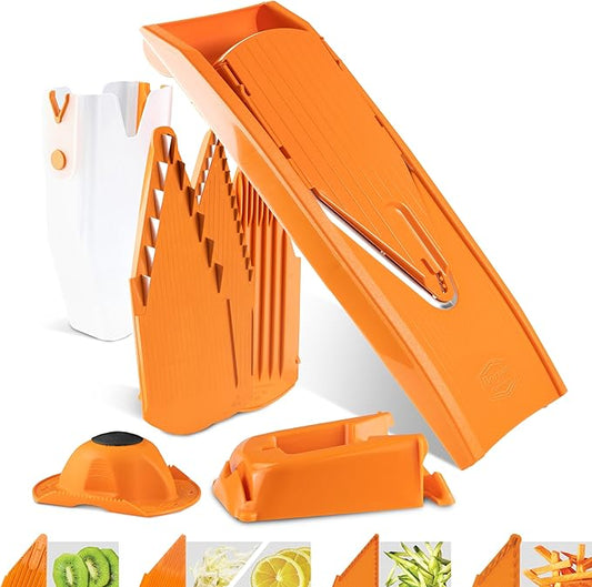 Börner Mandoline Slicer V1 (Professional Set) • V-Slicer with 4 Inserts, Fruit Holder, Docking Station, Box • Adjustable Vegetable Slicer • Cuts into Slices, Strips & Dices • Color: Orange