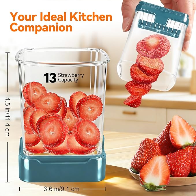 Fruit Slicer Cup for Strawberry, Banana, Hard-Boiled Egg - Detachable Cutter with Push Plate - Rapid & Safe Slicing Kitchen Gadget for Quick Meal Prep (Blackish green)