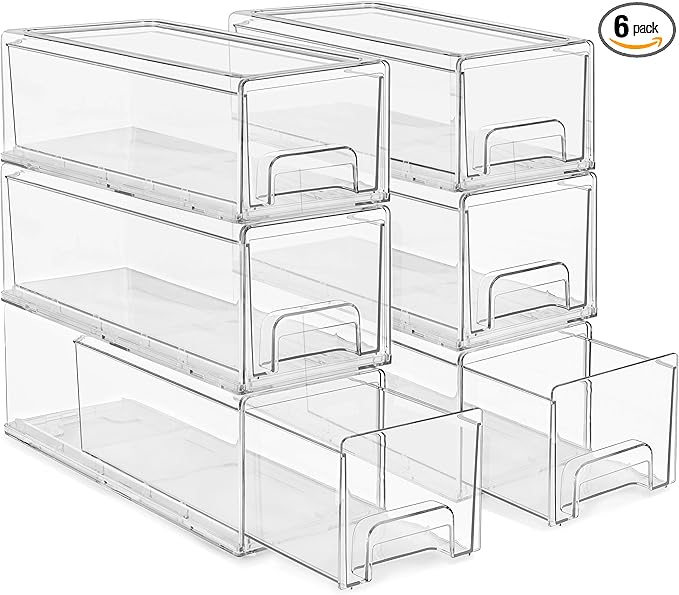 Sorbus Small Wide Clear Stackable Storage Drawers – 6-Pack Plastic Organizer Bins with Handles – Stackable Pull-Out Storage Drawers for Closet, Pantry, Office, Bathroom, Craft, and Toy Organization
