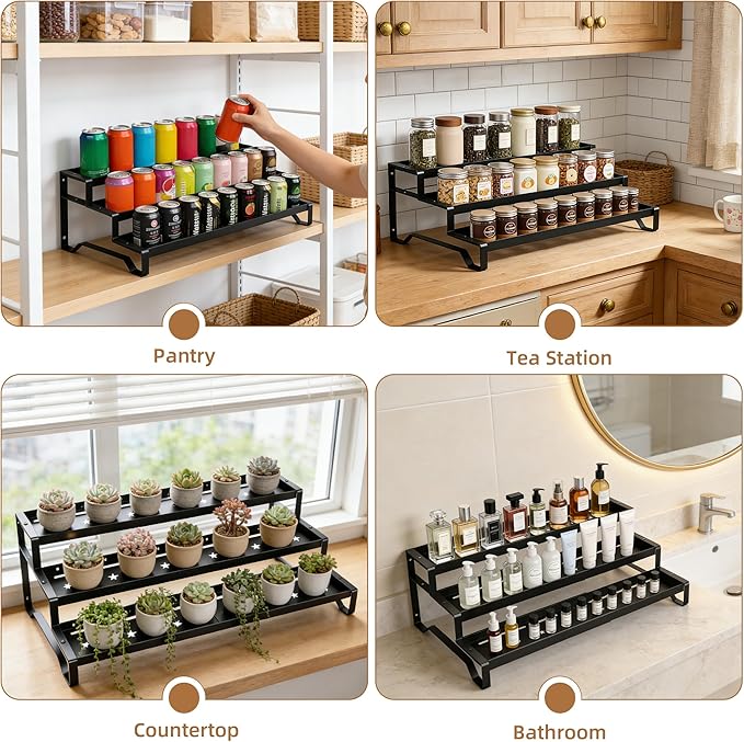 SANKEU Expandable Spice Rack Organizer for Cabinet 3 Tiered Metal Seasoning Organization with Guardrails Spice Shelf Storage for Jars Adjustable Length 13"-21" Black 2Pack