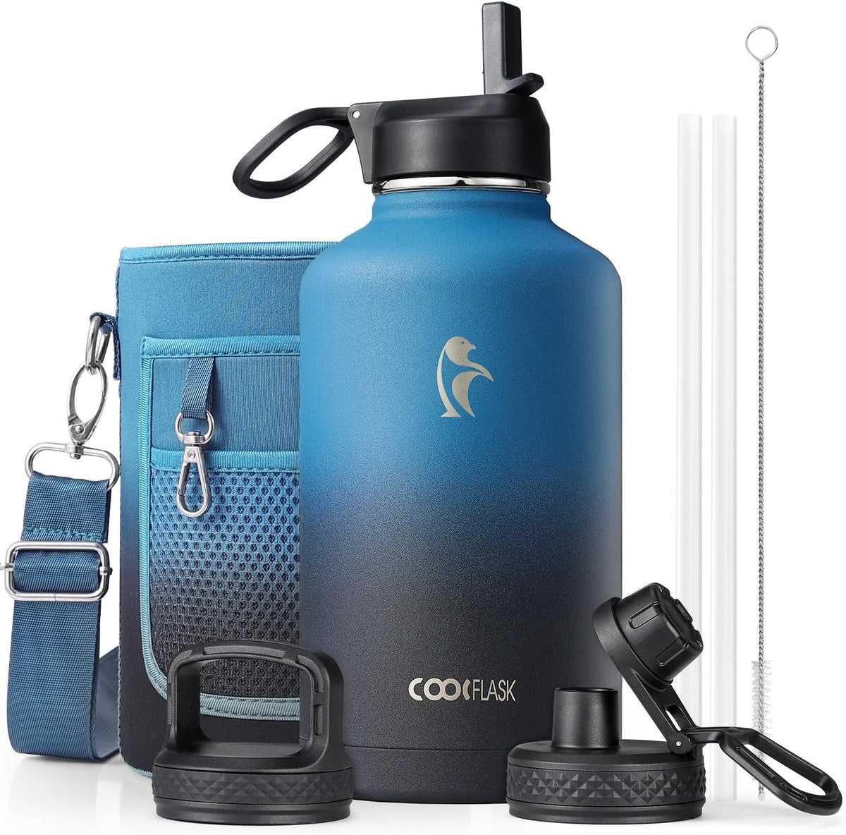 Half Gallon Water Bottle Insulated with Straw & 3 Leakproof Lids