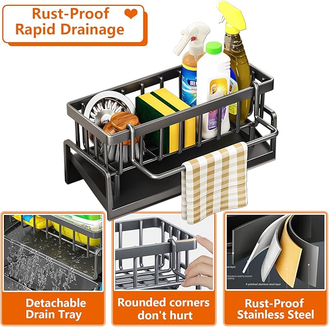 Kitchen Sink Caddy Organizer, Stainless Steel Sink Sponge Holder,45°Tilt Self-Drainage, Sponge Drain Rack with Dish Brush Holder,Removable Dishcloth Rack for Kitchen Storage Dispenser,Grey