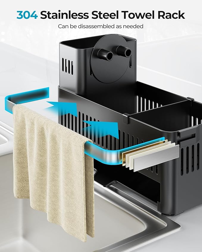 Nieifi Sponge Holder for Kitchen Sink, Sink Caddy with High Brush Holder and Towel Rack, Kitchen Countertop Organizer and Storage Essential (Black with Smiley Face, 10.12″)