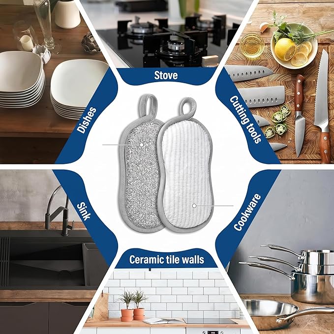 3-in-1 Kitchen Sink Drain Strainer and All-Purpose Scrub Sponges, Sink Stopper Pop-Up Drain Plug with Anti-Clogging Food Catcher Basket, Fits US Standard 3-1/2 Inch Sinks,Sponge Cleaning Dish