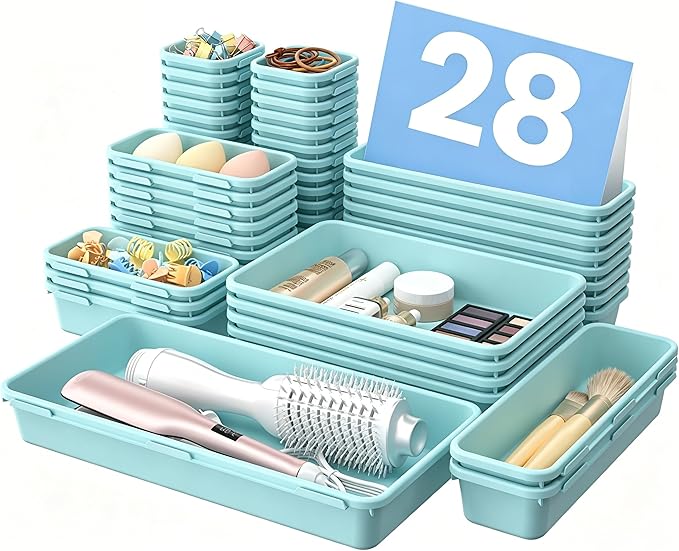 A-LuGei 【Military Grade】 Drawer Organizer, 【𝟱𝗦𝗶𝘇𝗲】 Makeup organizer, 【Holds 177 Items】 Bathroom Organizers and Storage, Organization and Storage, Desk Drawer Organizer for Vanity (Blue)