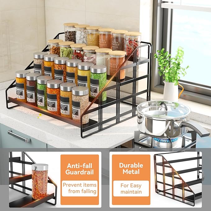Bunoxea Spice Rack 4 Tier Kitchen Cabinet Organizer,Countertop Spice Rack,Tier Depth Adjustable Cabinet Shelf,Step Spice Organization Easy Visibility,Holds Seasoning and Condiments 2Pack
