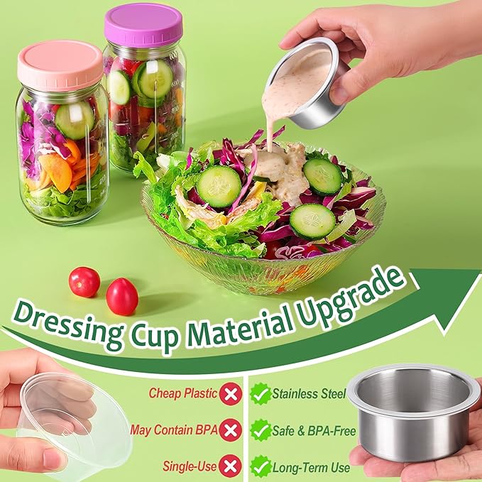 KTKUDY 2 Pack 32 oz Glass Salad Jars with Dressing Cups (Pod) - Meal Prep Salad Container for Lunch - Leakproof Mason Jars with Lids
