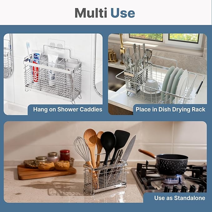 KESOL Stainless Steel Utensil Holder, Utensil Drying Rack with 3 Divided Compartments, Rust-Resistant Utensil Drying Basket, Silverware Drying Basket, Utensil Drainer for Dish Rack