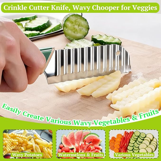 Suuker Crinkle Cut Knife, Crinkle Cutter for Veggies, Potato Slicer Wave Chopper, Stainless Steel Wave Fries Cutter With Ergonomic Handle for French Fry, Cucumber, Carrot and Fruit