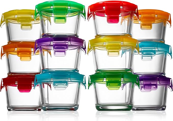 NutriChef 24-Piece (12 Glass Food Storage Containers and 12 Lids), 4.48oz Mini Stackable Meal Prep Round Containers - Microwave, Freezer, & Dishwasher Safe For Food, Snacks, Fruits, Nuts & More