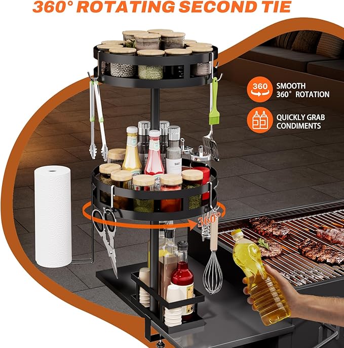 Griddle Caddy for Blackstone Griddle Accessories, BBQ Caddy with Paper Towel Holder, Rotating Condiment & Utensil Organizer, Outdoor Kitchen Accessories for Camping, RV, Patio & Tailgating
