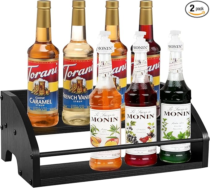 Mini Coffee Syrup Rack – Syrup Bottles Holder for Coffee Bar, Liquor Bottle Display Shelf - Rustic Kitchen Cabinet, Wooden Countertop Organizer for Spirits, Tea, or Coffee (2-Tier)