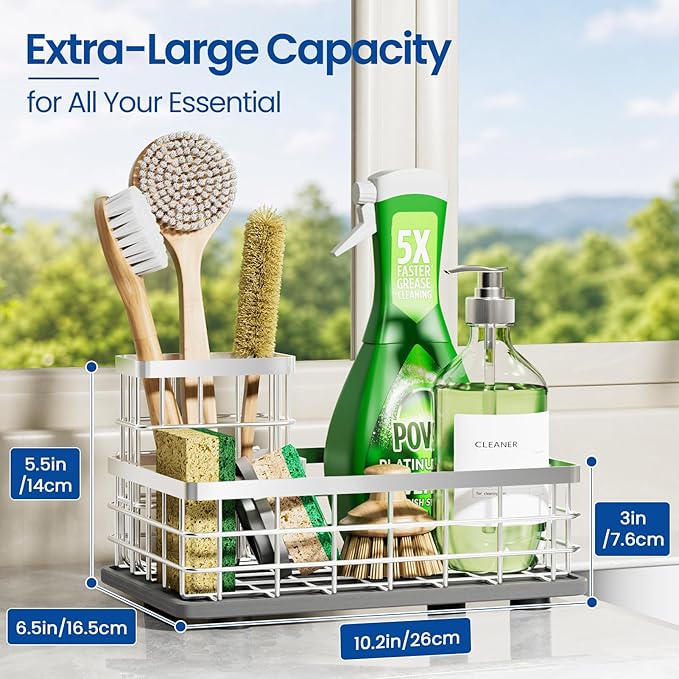 Extra Large Kitchen Sink Caddy Organizer, Stainless Steel Sponge Holder for Kitchen Sink with Brush Holder, Diatomite Stone Sink Tray for Soap Dispenser, Sponge, Bathroom Countertop Organizer, Silver