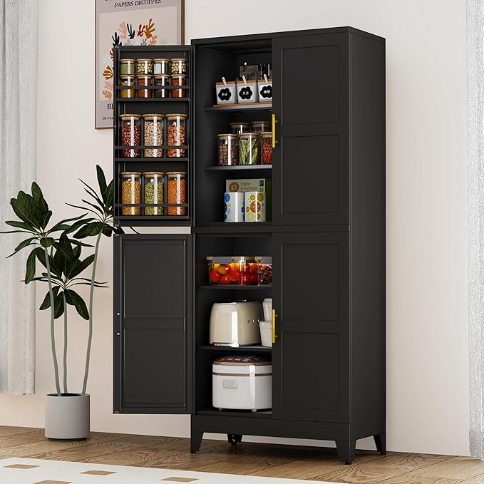 GAIOUS 74.8" Tall Metal Food Cabinet, Black Kitchen Pantry Cabinet, Storage Cabinets with 4 Door and 4 Adjustable Shelves, Steel Freestanding Cupboard for Kitchen Dining Room Living Room Bathroom