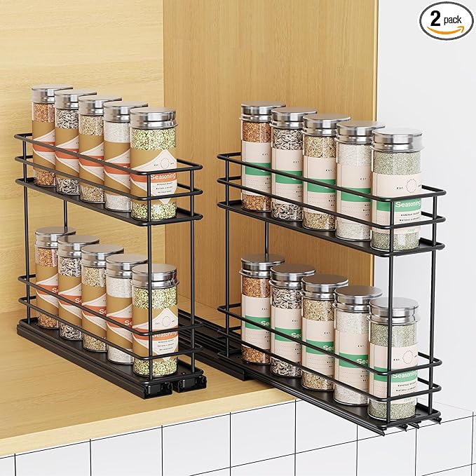Mystozer Pull Out Spice Rack Organizer for Cabinet, Slide Out Spice Racks, Easy to Install Spice Cabinet Organizers, 5.2" Wx10.43 Dx8.26 H, 2 Packs 2 Tiers(Black)