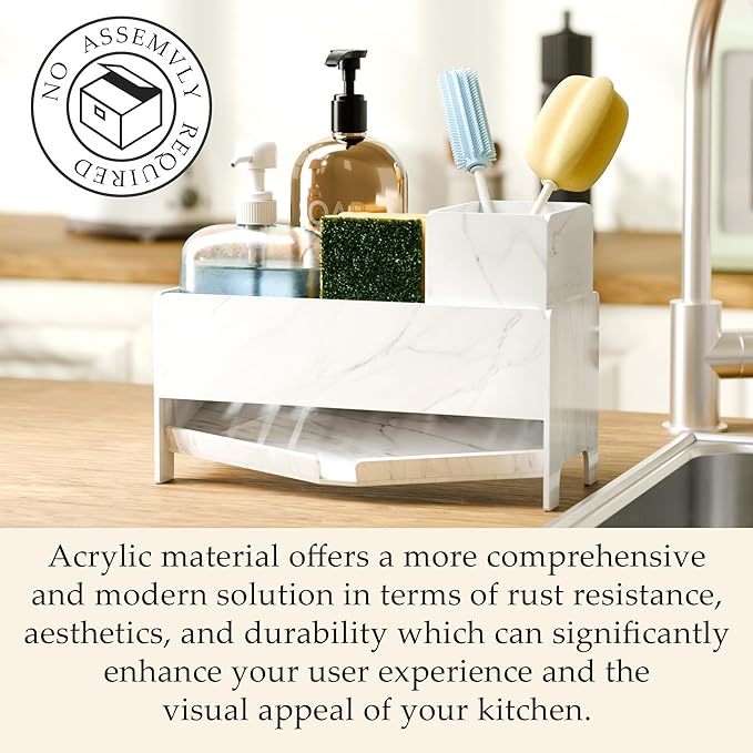TIDIIABODE Sponge Holder for Kitchen Sink - White Marble Acrylic Sink Caddy with Brush Slot, Countertop Soap Organizer for Modern Kitchen, Self-Draining Storage Rack, 9.2" Large Capacity