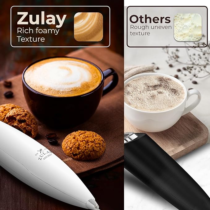 Zulay Kitchen Powerful Milk Frother Wand With Duracell Batteries - Ultra Fast Handheld Drink Mixer - Electric Whisk Foam Maker for Coffee, Lattes, Cappuccino & Matcha - Triple Whisk - Luna White
