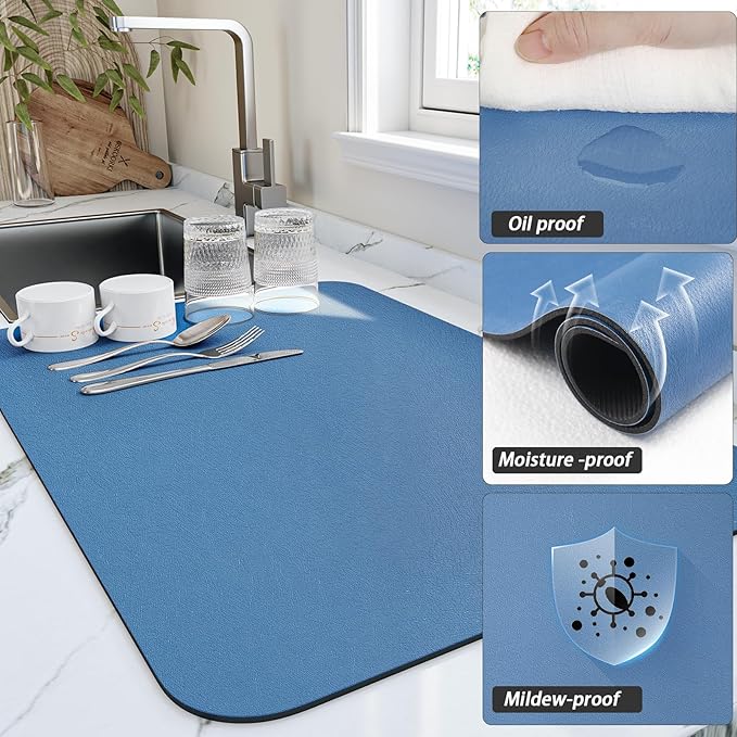 HotLive Dish Drying Mat for Kitchen Counter, Heat Resistant Drainer Mats with Non-slip Rubber Backed, Hide Stain Kitchen Super Absorbent Draining Mat, Easy to Clean Dish Rack Pad, Blue 18"x28"