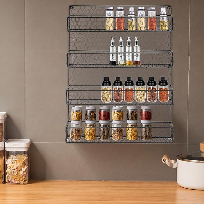4-Tier Spice Rack Wall Mounted Kitchen Spices Organizer Space Saving Modern Hanging Organize Shelf for Spices, Herbs, and Condiments, Black