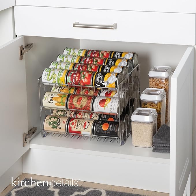 Kitchen Details 3 Tier Can Organizer, Chrome Steel Canned Food Storage Rack, Holds 36 Cans,Space-Saving Pantry & Cabinet Storage Solution | Easy Access to Canned Goods,Freestanding Design,(Pack of 12)