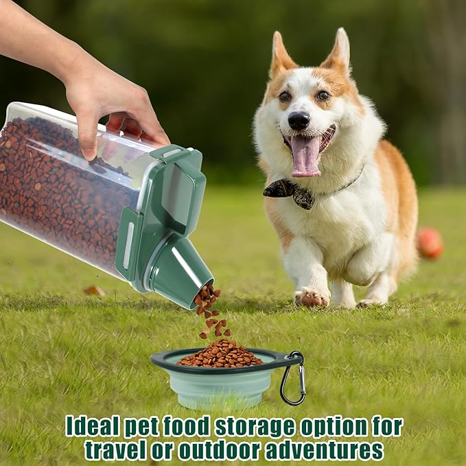 3 Lbs Dog Cat Food Storage Container with Collapsible Dog Bowl for Travel, Portable Pet Food Storage Container, Easy-Pouring Bird Seed Dispenser, Airtight Rice Cereal Oatmeal Flour Holder -Pine Green