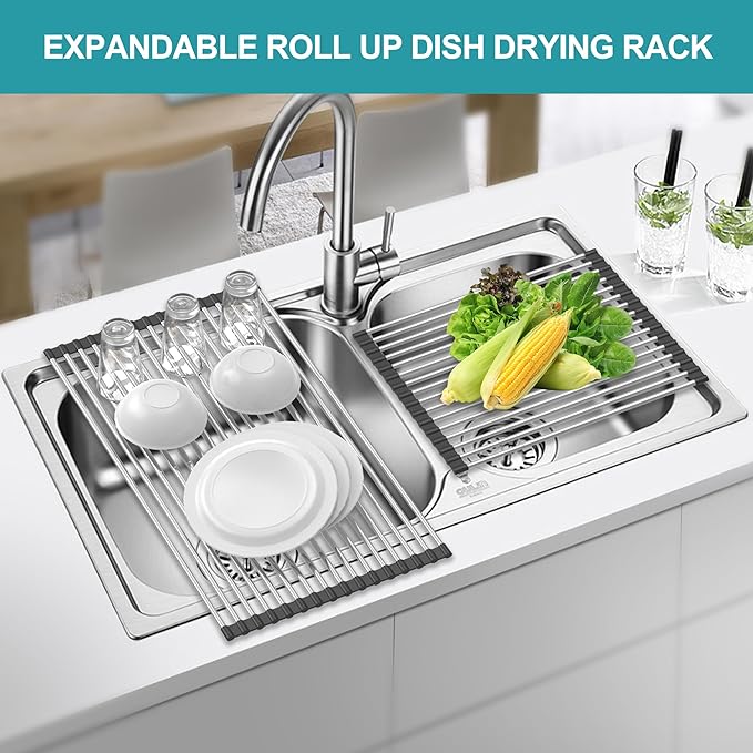 Extra Large Expandable Roll Up Dish Drying Rack,Over The Sink Drying Rack Sink Cover Kitchen Sink Accessories Kitchen Rolling up Stainless Steel Drainer, Foldable,Rollable（Black，22.8''-12.4''）