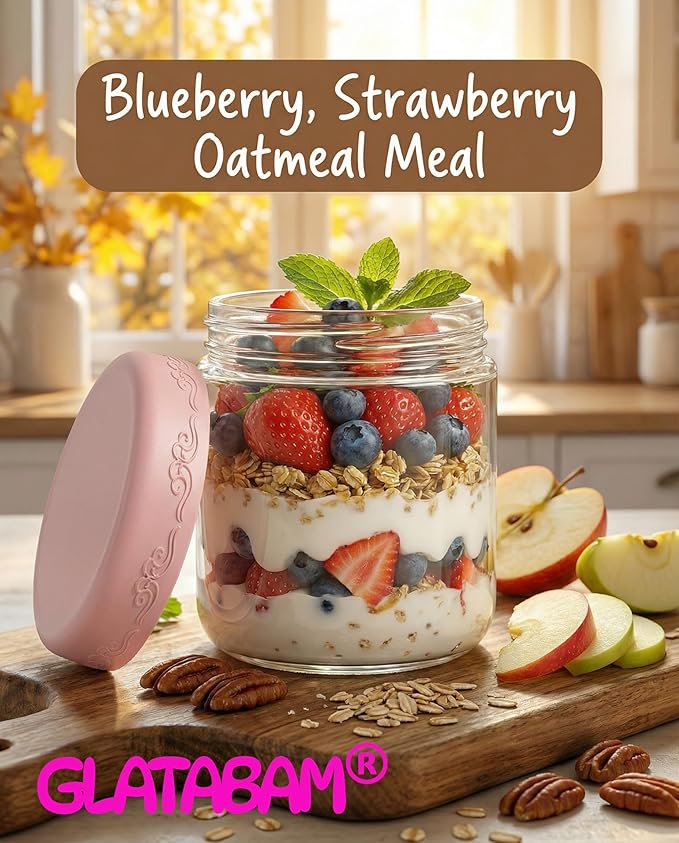 10 OZ 4Pack, Overnight Oats Jars with Lids, Glass Meal Prep Containers, Airtight Mason Jars for Breakfast, Yogurt Parfait, Salad & Smoothies, Leakproof and Reusable Food Storage Jars(4-2)