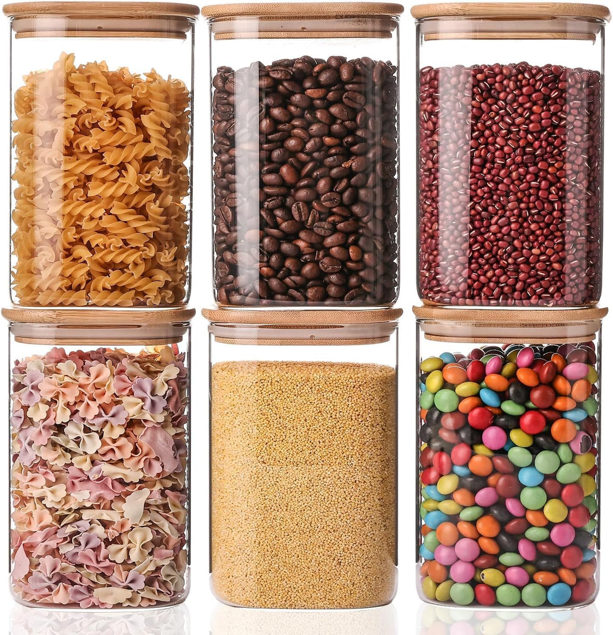 6 Pack Glass Food Storage Jars 37 oz,Glass Storage Containers Clear Glass Food Canister with Bamboo Lid Airtight For Serving Tea, Coffee, Flour, Sugar, Candy, Cookie, Spice and More (Square)