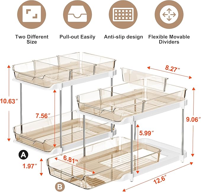 Delamu 2-Tier Multi-Purpose Bathroom Under Sink Organizers and Storage, Stackable Kitchen Pantry Organization, Pull Out Medicine Cabinet Organizer with Movable Dividers, Amber, 2 Pack