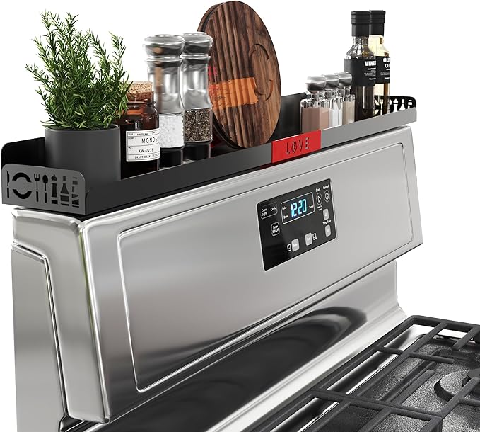 STUTOV 30" Magnetic Stove Top Shelf – Black Spice Rack with Red LOVE Design – Seasoning Organizer for Back of Stove – Over Stove Rack and Kitchen Storage Shelf