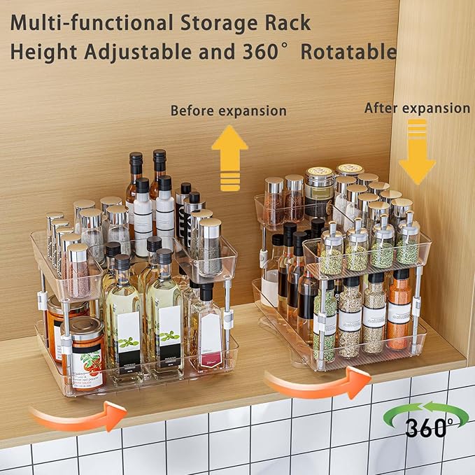 360° Rotating Lazy Susan Turntable Organizer Spice Rack, 2 Tier Height Adjustable Rotating Spice Organization for Cabinet, Seasoning Organizer for Countertop, Pantry