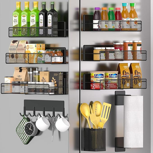 Magnetic Spice Rack for Refrigerator, 10 Pack 100% Metal Strong Magnet Shelf, Moveable Spice Organizer W/ Adjustable Paper Towel Holder