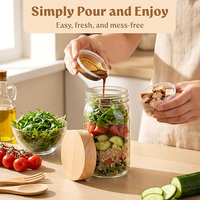 EDELHAUS 4 Pack Glass Salad Jars with Wooden Lids for Meal Prep, Leakproof Container with Two Small Built in Cups for Wet/Dry Separation for Salad Dressing and Ingredients, 32oz Mason Jars (Oak)
