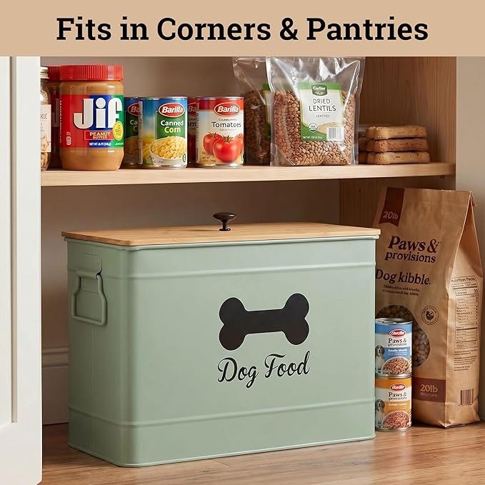 Dog Food Container Airtight 15-20 lb (70 Cup) Capacity with Metal Scoop - Cute Airtight Dog Food Storage Container with Bamboo Lid - Green Metal Kibble Storage Bin for Dogs up to 100 lbs - Big Pet Jar