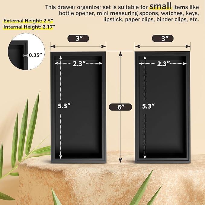Kitchen Drawer Organizer Bins, Black Bamboo Drawer Organizer Stackable for Silverware, Utensils, Cutlery, Flatware, for Junk Drawer, Dresser, Bathroom