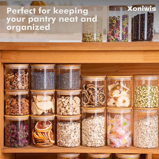 6-Pack 1Qt Round Glass Storage Jars with Bamboo Lids, Pantry Storage Containers for Neat Organization, Ideal for Minimalist Kitchen Organizer, Nut, Coffee Beans, Oats, Cookie, Candy, Tea