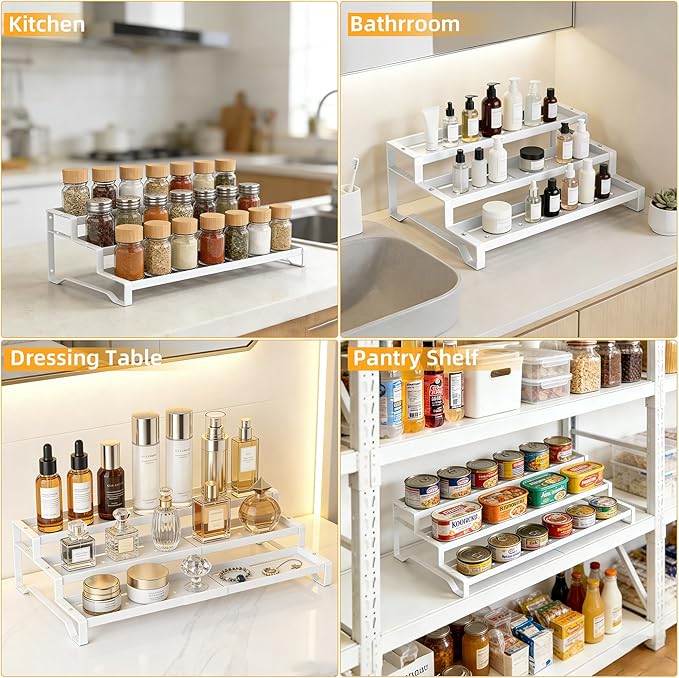 3-Tier Spice Rack Organizer, 13"-21.5" Expandable Spice Organization Shelf, Metal Seasoning Organizer for Kitchen Countertop or Pantry, Slip-Resistant Design for Jars and Bottles, White