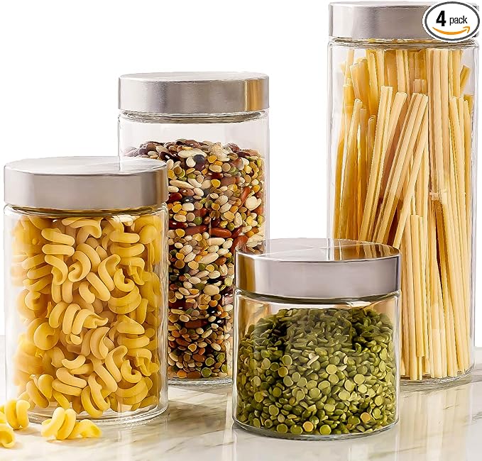 4pc Canister Sets for Kitchen Counter or Bathroom + Labels & Marker, Glass Cookie Jars with Airtight Lids - Food Storage Containers with Lids Airtight for Pantry - Flour, Sugar, Coffee, Cookies, etc.