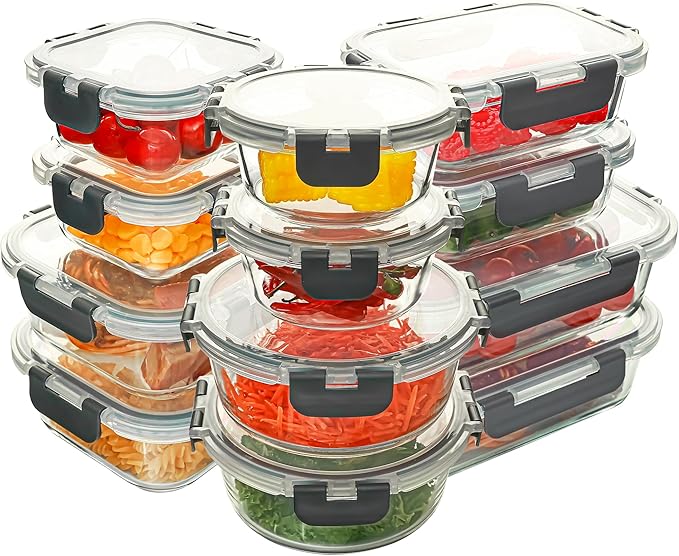 12 Pack Glass Food Storage Containers Set, Grey