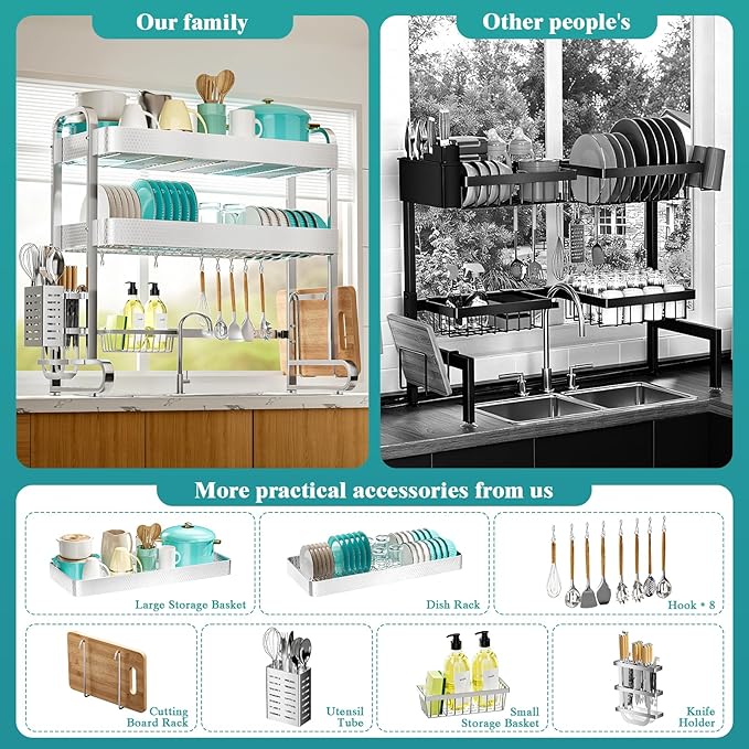 HOWDIA 3-Tier Over The Sink Dish Drying Rack, 304 Stainless Steel Dish Rack with Honeycomb Design, Cutlery Holder & Chopping Board Rack, 33.86” x 11.81” x 33.07” for Maximum Kitchen Storage