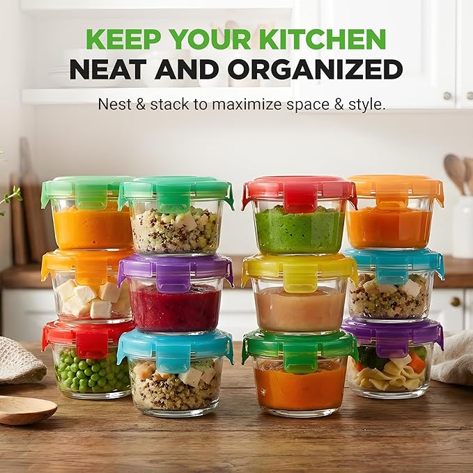 NutriChef 24-Piece (12 Glass Food Storage Containers and 12 Lids), 4.48oz Mini Stackable Meal Prep Round Containers - Microwave, Freezer, & Dishwasher Safe For Food, Snacks, Fruits, Nuts & More