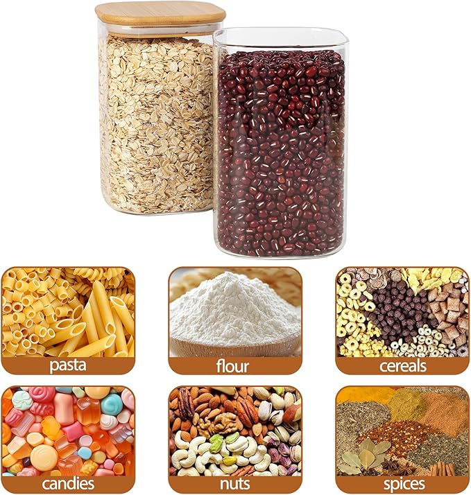 Moretoes 6 Pack 1.2qt Square Glass Storage Containers with Bamboo Press Lids, Airtight Pantry Storage Jars for Flour, Sugar, Dry Goods