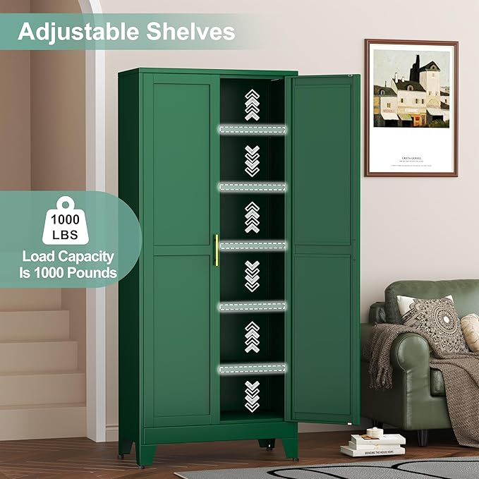 Metal Pantry Cabinet with 2 Doors and 5 Adjustable Shelves, 75"Kitchen Storage cabinets with Gold Handles, Versatile Storage for Laundry Room, Living Room, Bathroom, Dinning Room, Utility Room-Green
